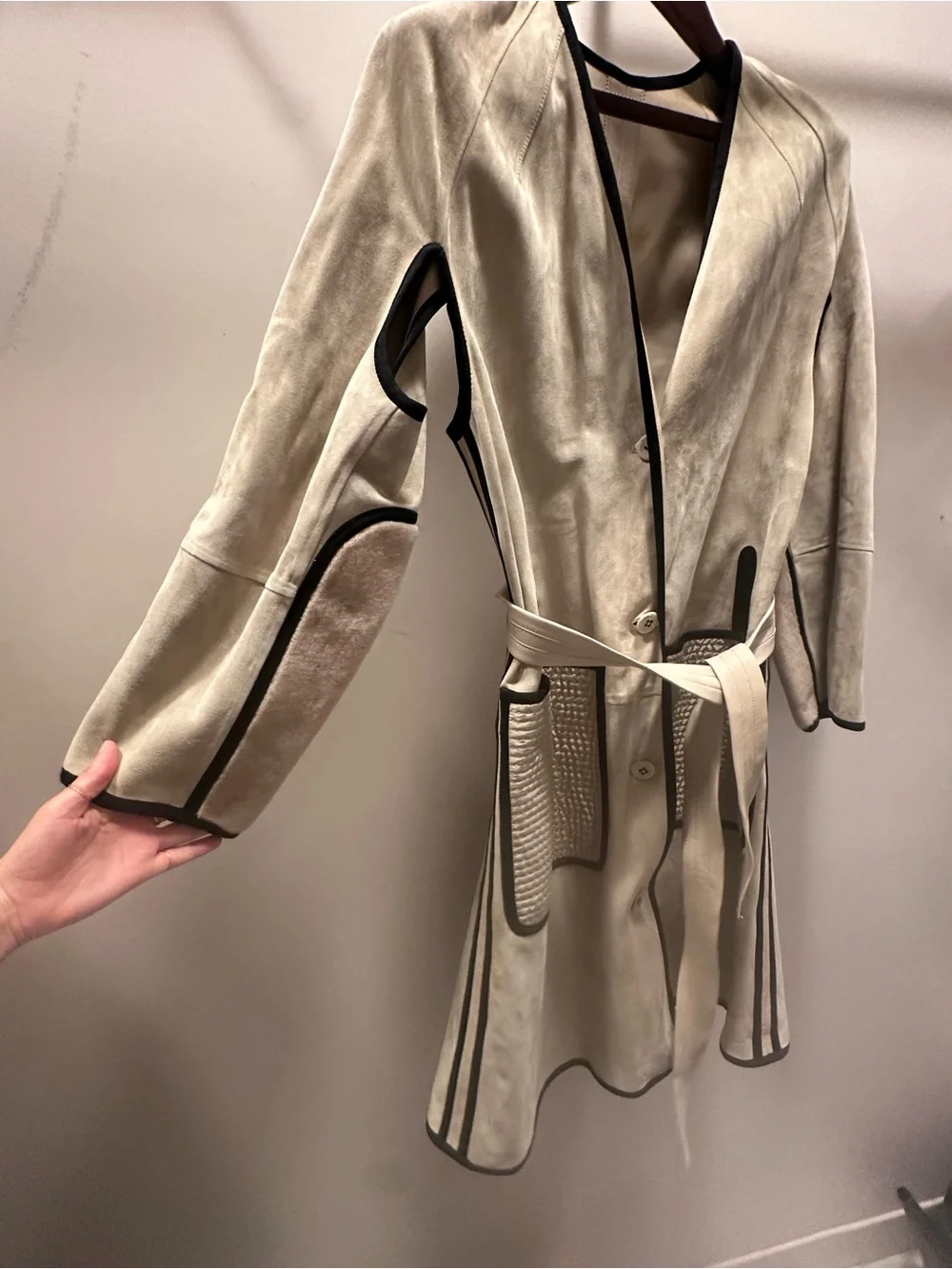 Bottega Veneta Cream Suede Trench Coat with Dark Trim